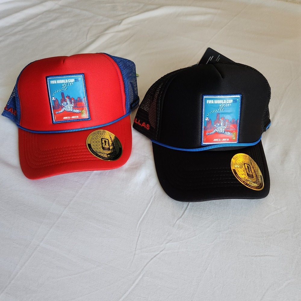 2 FIFA World Cup Trophy Black Solid Trucker Hat Cap One Sz Mesh Back Men Dallas